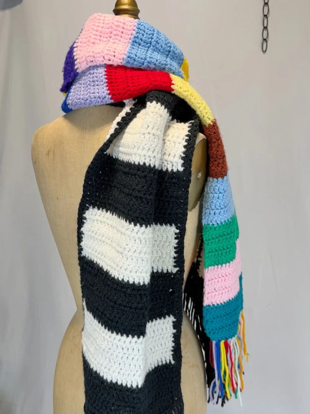 Crochet‎ scarf set long fringe rainbow multicolor black white stripe bold funky